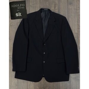 Adolfo Mens Big & Tall Black Suit Jacket Blazer Size 46XL Three Button 100% Wool